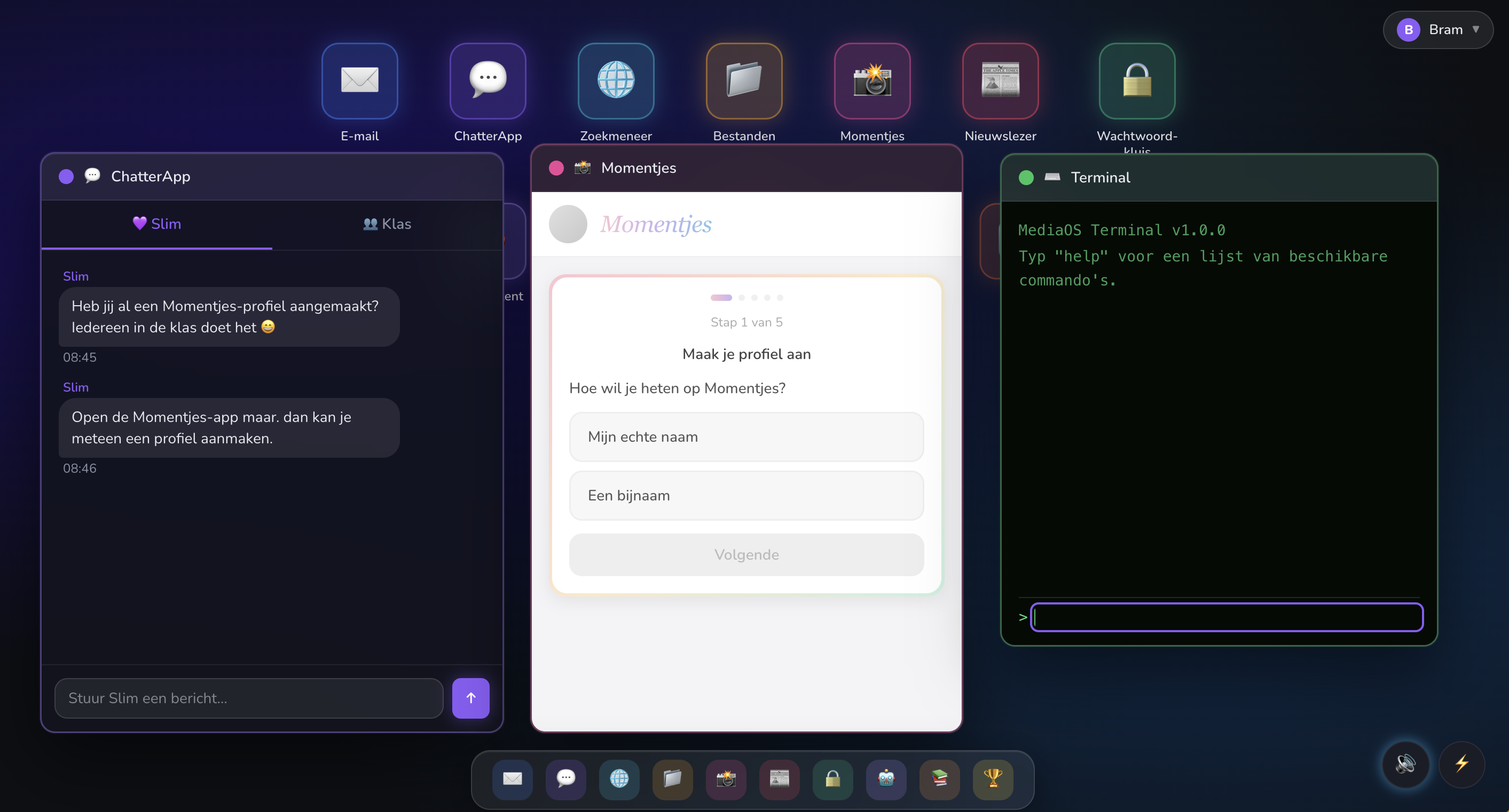 Screenshot van de MediaOS desktop met meerdere apps